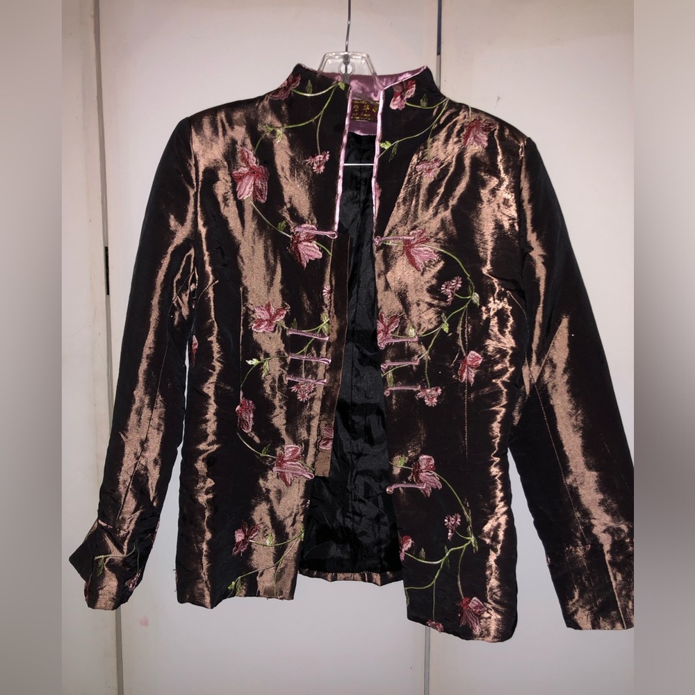 Embroidered Floral Satin Jacket in Black and Bronze